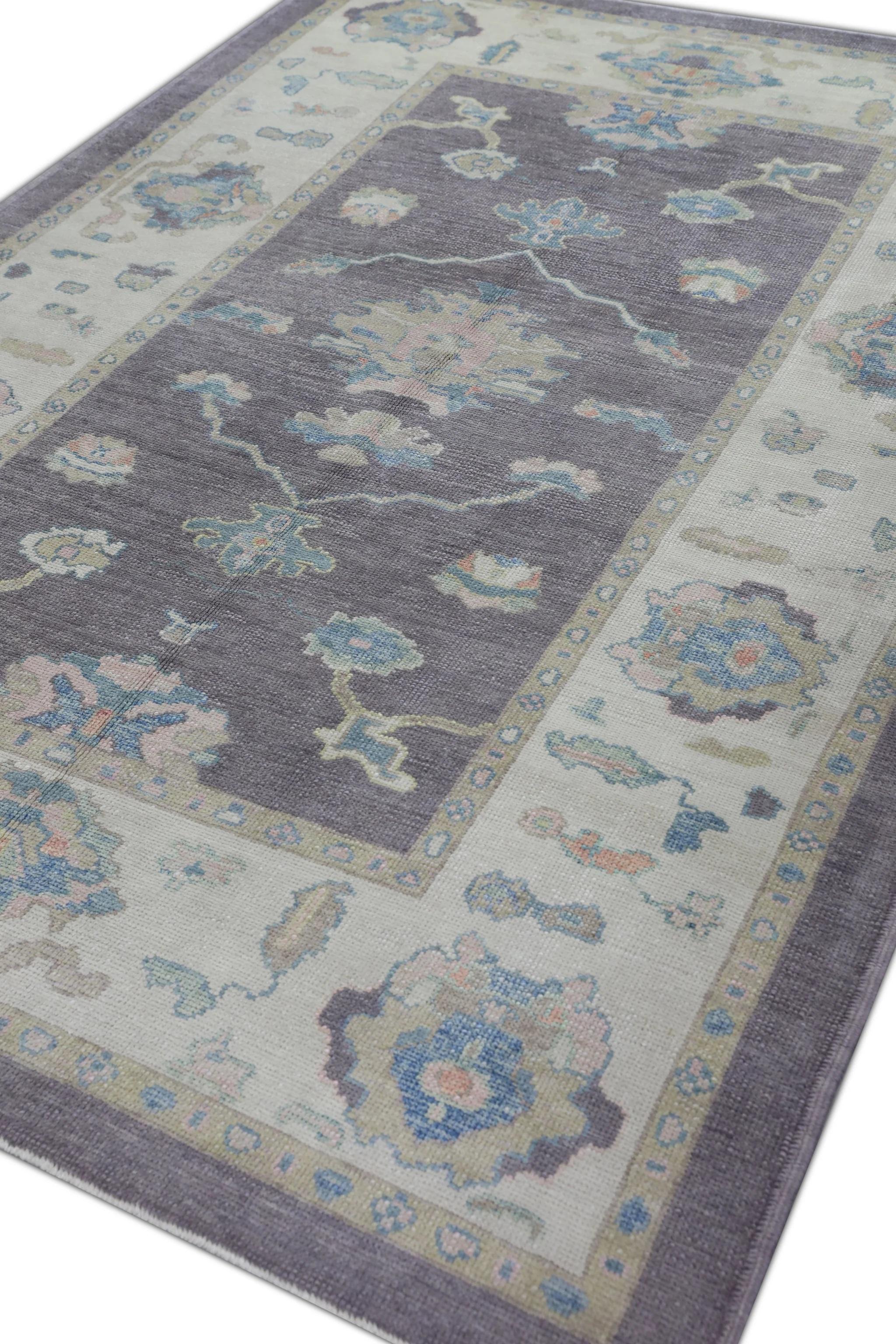 Contemporary Purple Handwoven Wool Turkish Oushak Rug in Blue Floral Design 6'3