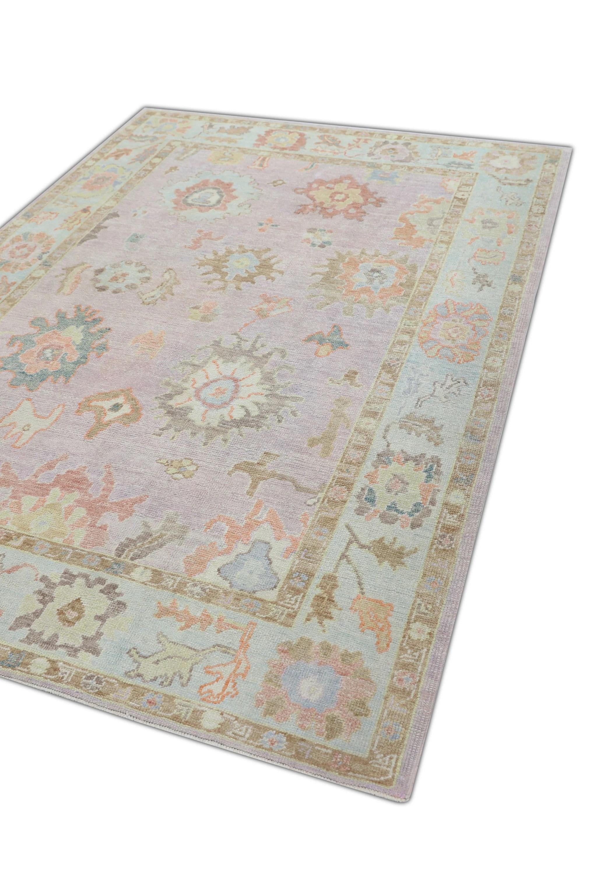 Contemporary Pink and Blue Floral Design Handwoven Wool Turkish Oushak Rug 6'2