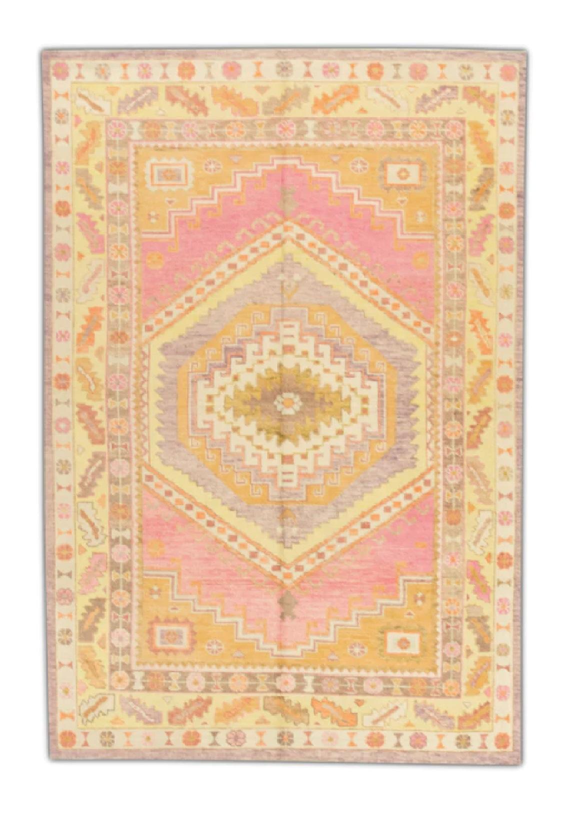 Contemporary Pink & Yellow Medallion Design Handwoven Wool Turkish Oushak Rug 6' x 9' For Sale