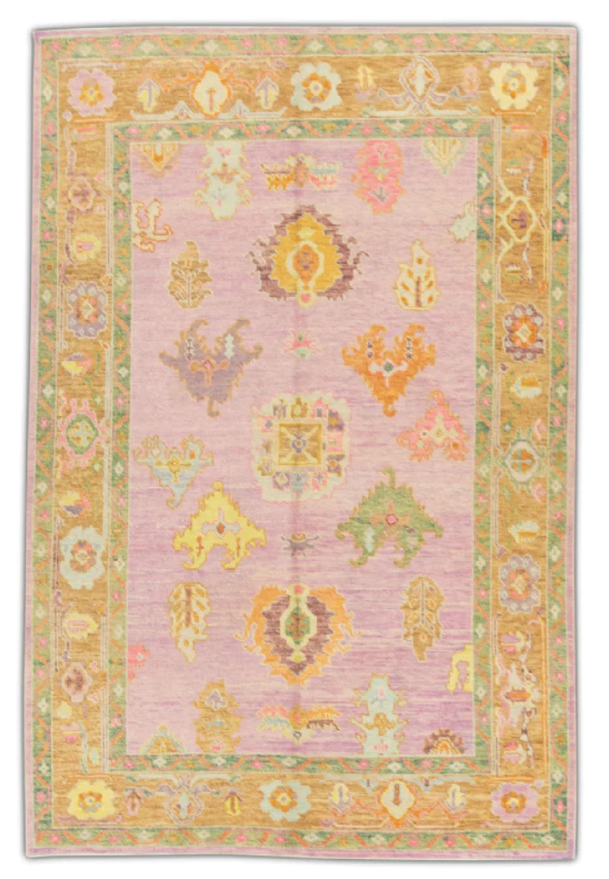 Alfombra Oushak Turca de Lana Floral Tejida a Mano Rosa y Naranja 6' x 8'10 en Nuevo estado para la venta en Houston, TX