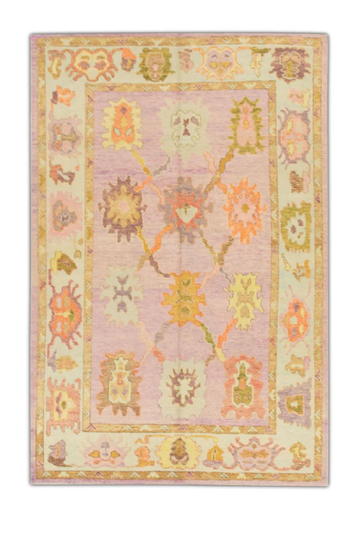 Contemporary Pink Floral Handwoven Wool Turkish Oushak Rug 5'11