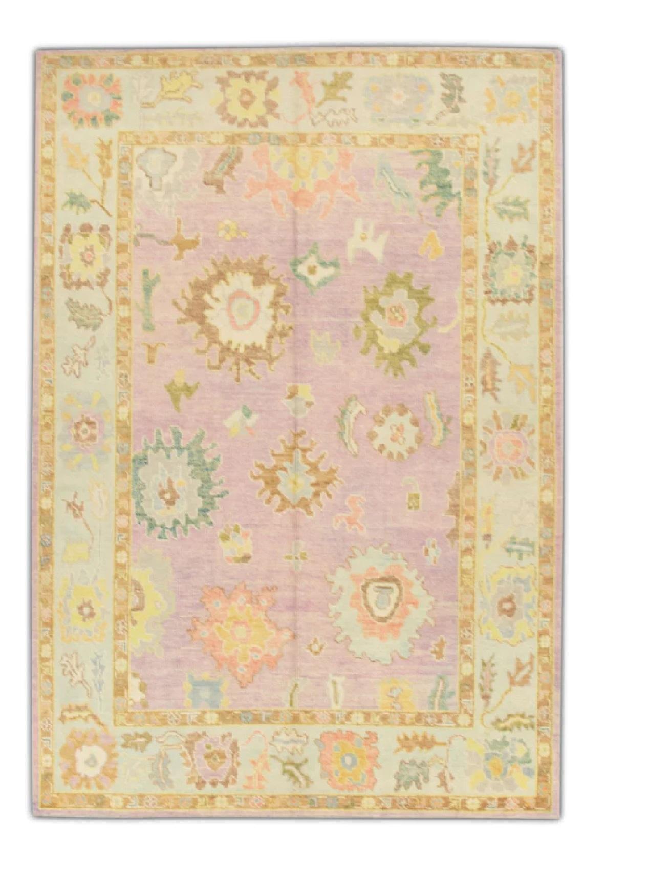 Contemporary Pink Floral Handwoven Wool Turkish Oushak Rug 6'3