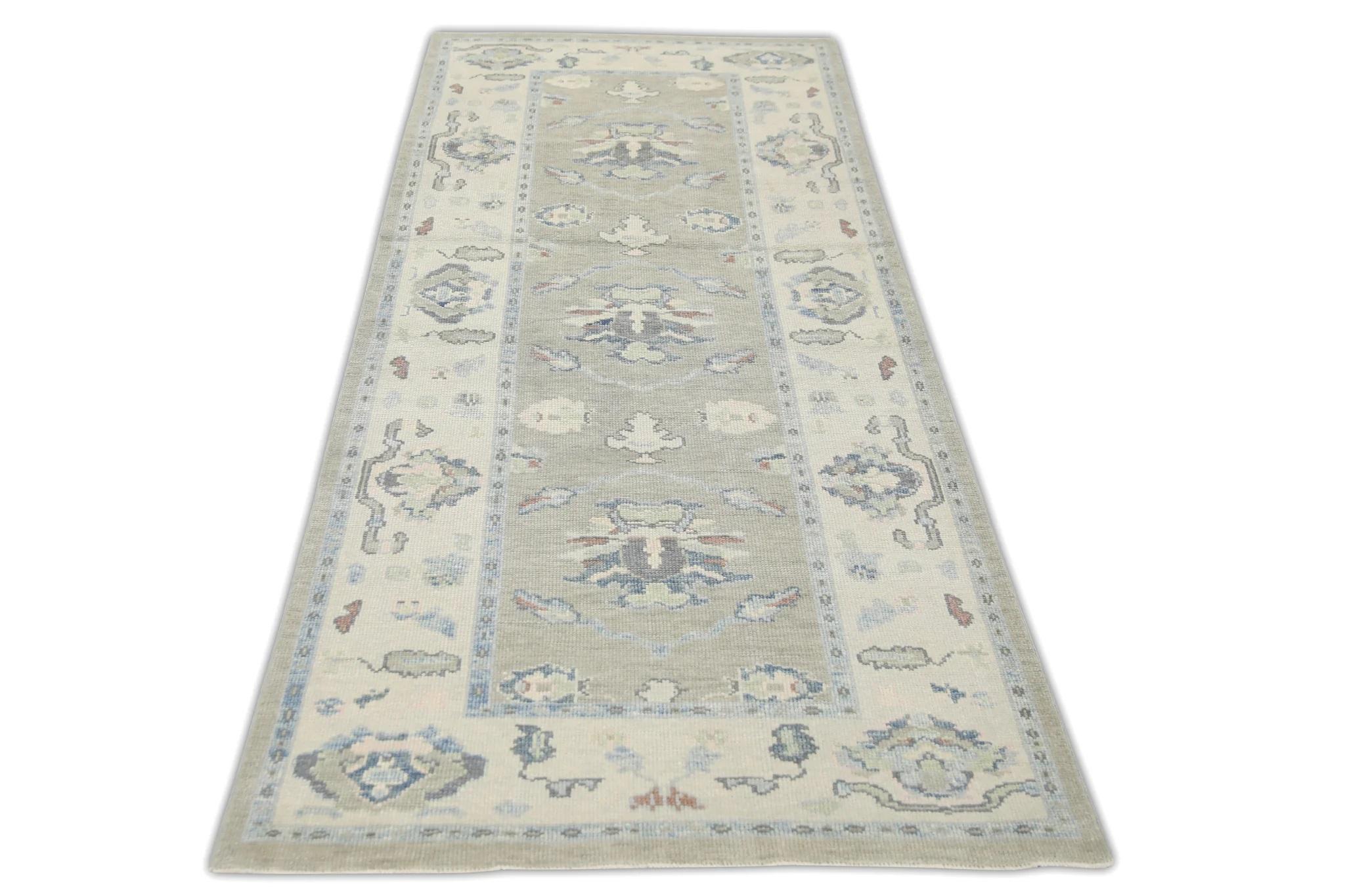 Contemporary Green and Blue Floral Handwoven Wool Turkish Oushak Rug 4' x 9'10