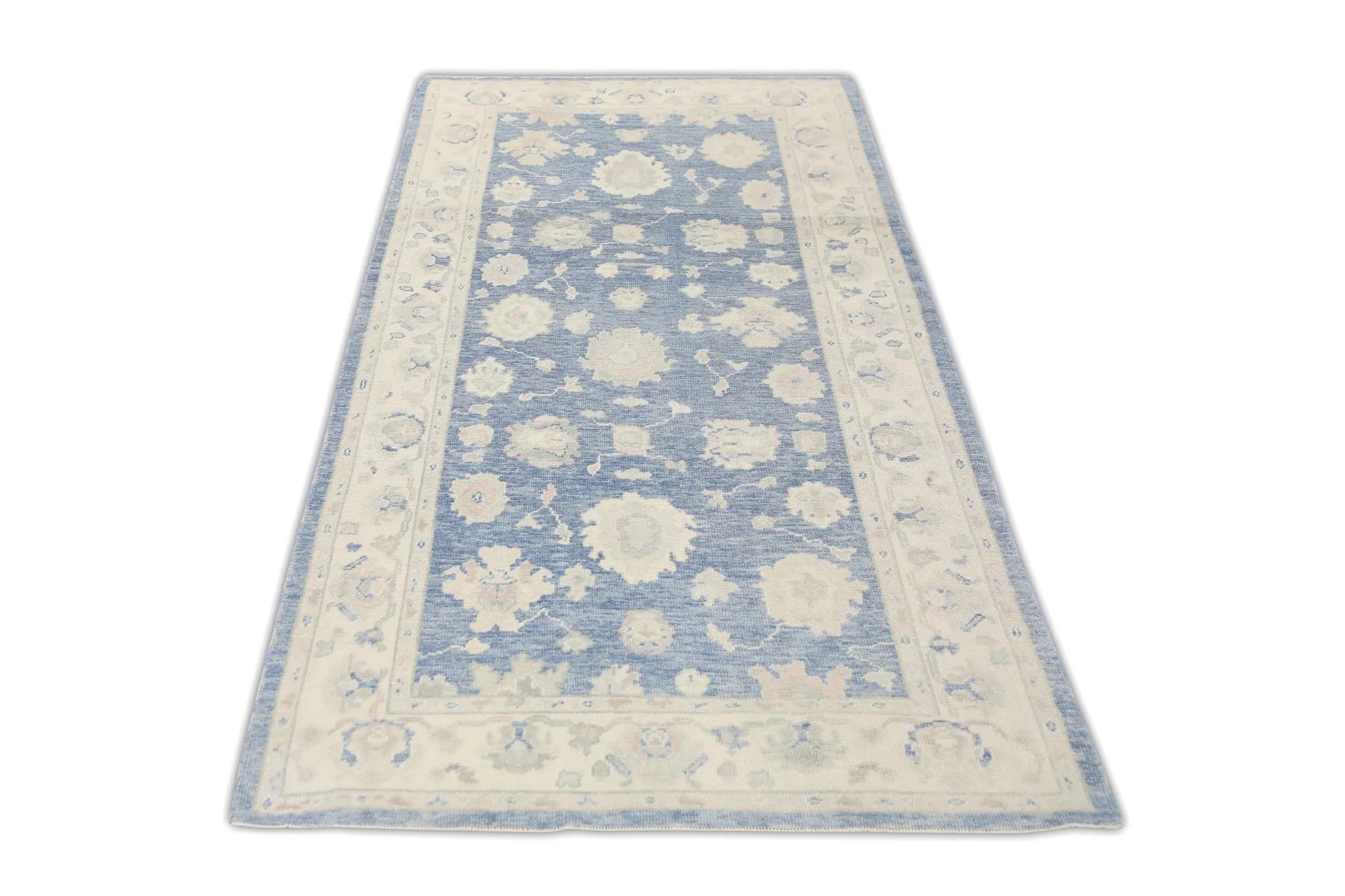 Contemporary Blue Handwoven Wool Turkish Oushak Rug in Floral Design 5'1