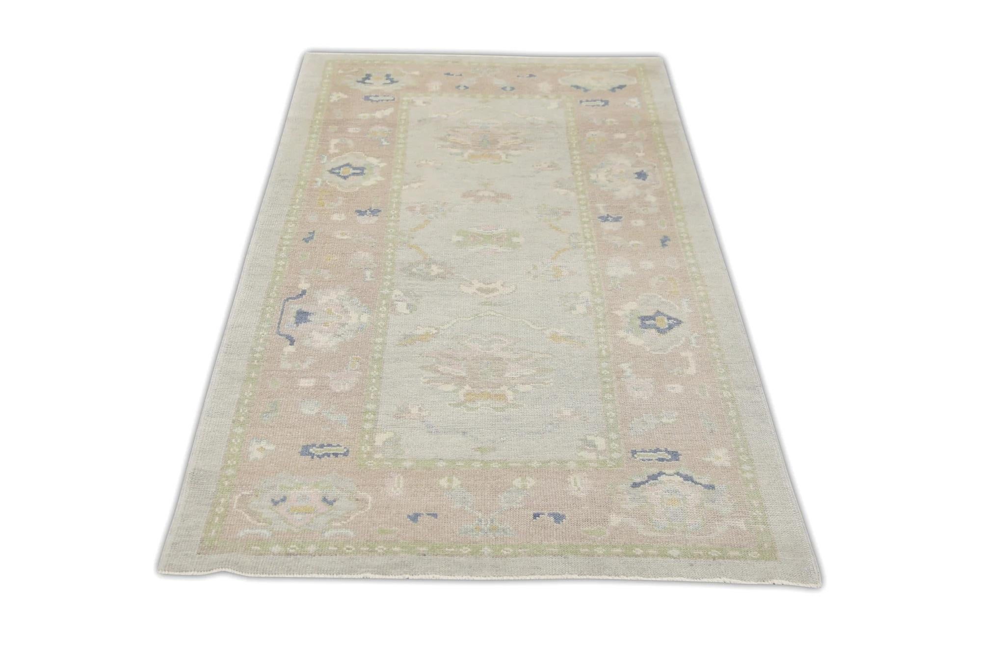 Contemporary Green & Pink Floral Handwoven Wool Turkish Oushak Rug 4'2