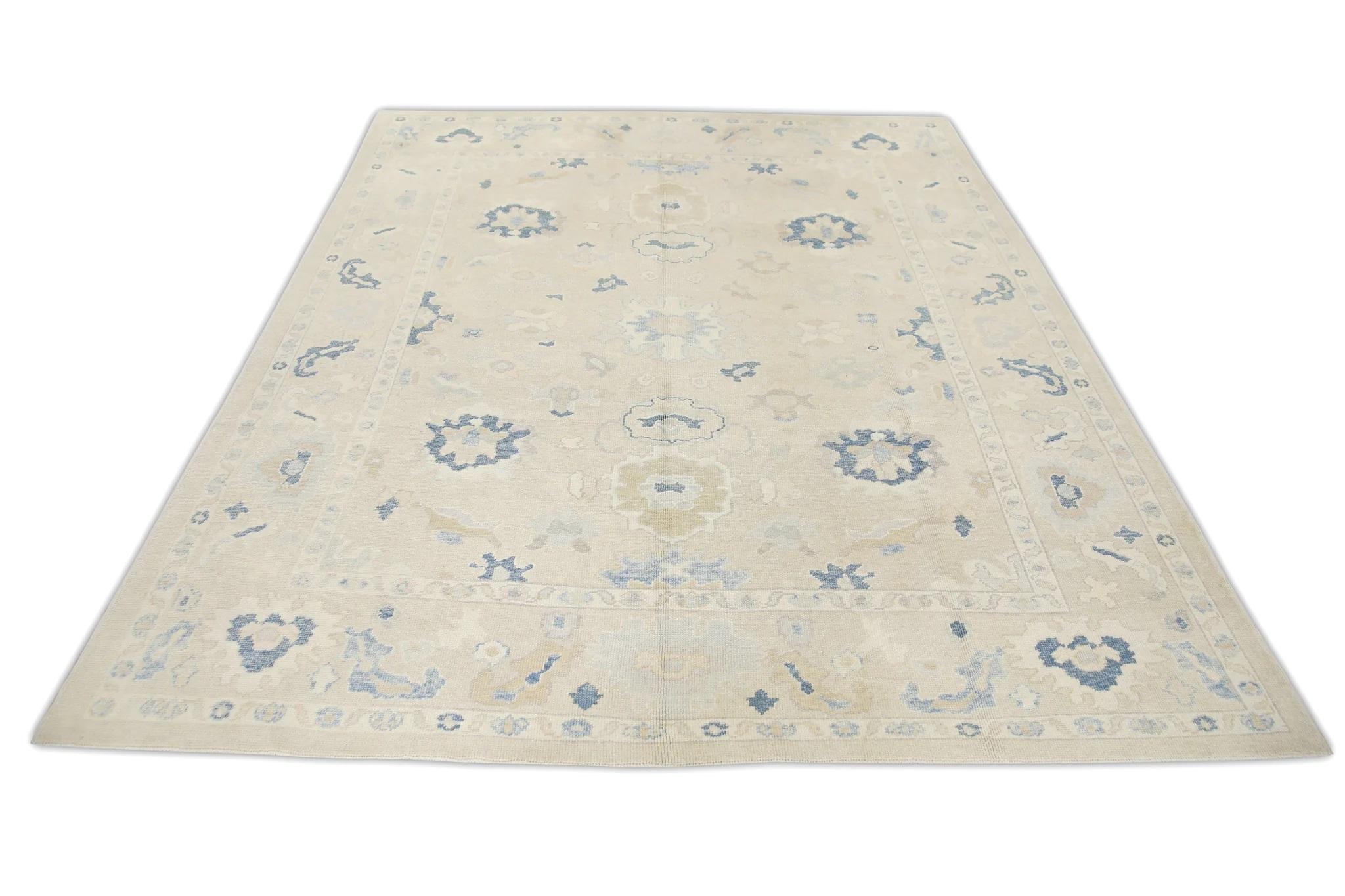 Contemporary Cream Handwoven Wool Turkish Oushak Rug in Blue Floral Design 8'10