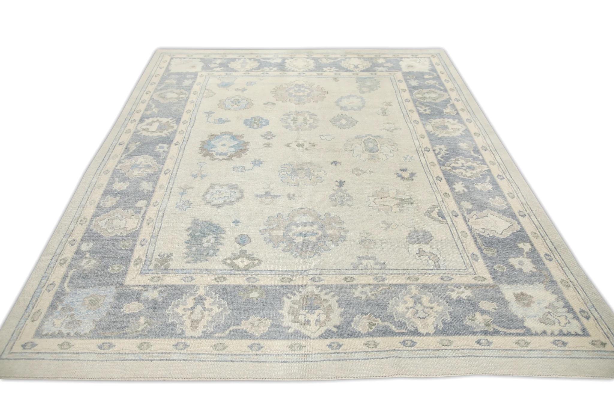 Contemporary Cream Handwoven Wool Turkish Oushak Rug in Blue Floral Design 8'3