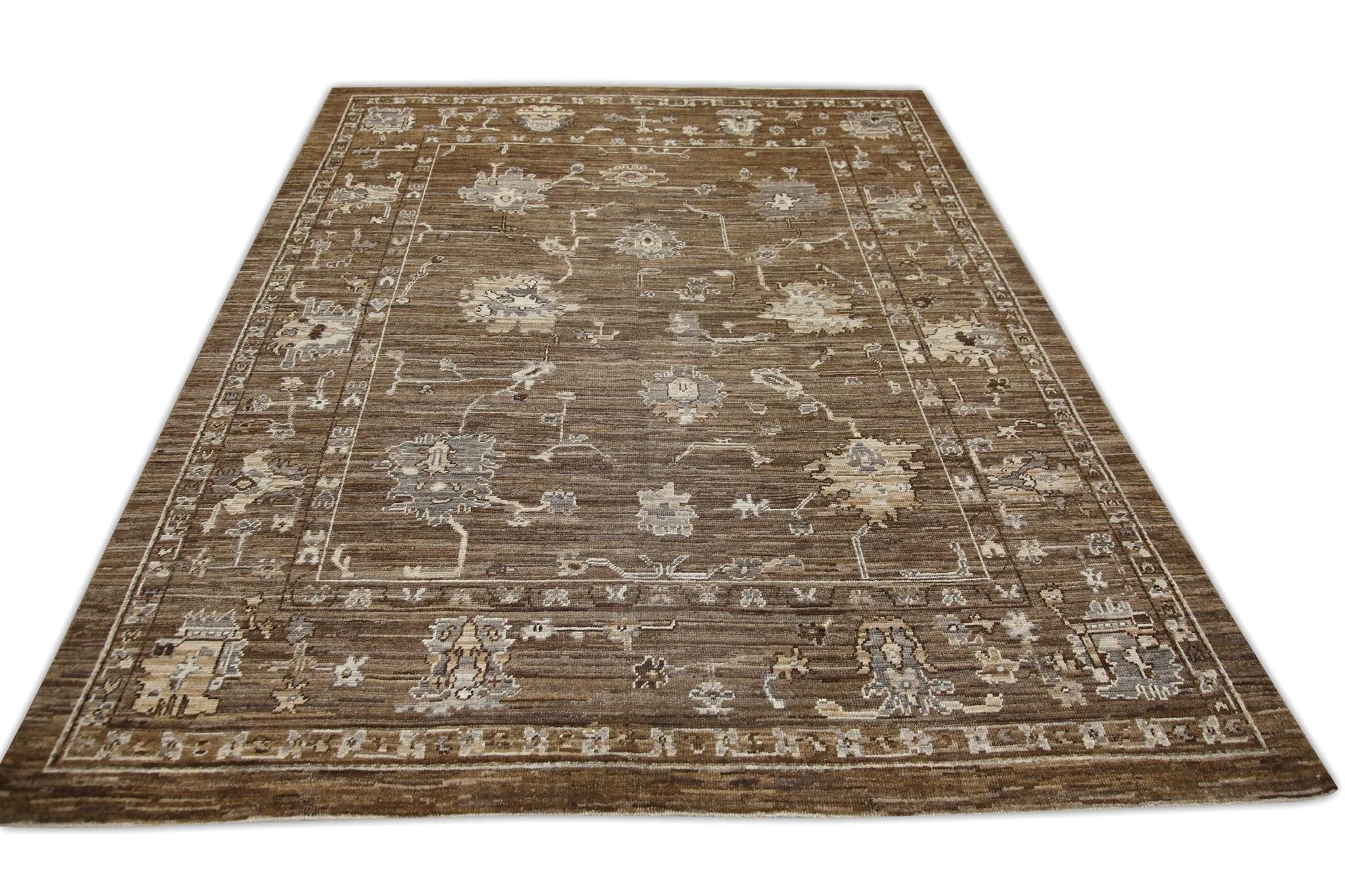 Contemporary Brown Handwoven Wool Floral Turkish Oushak Rug 7'11