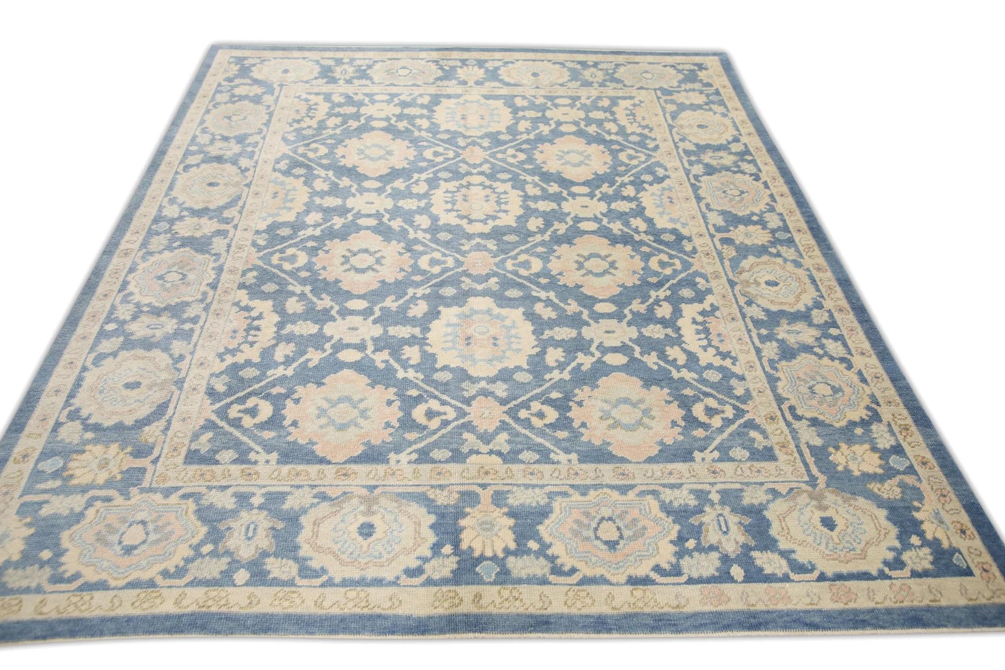 Contemporary Blue & Pink Handwoven Wool Turkish Oushak Rug in Floral Pattern 8'1