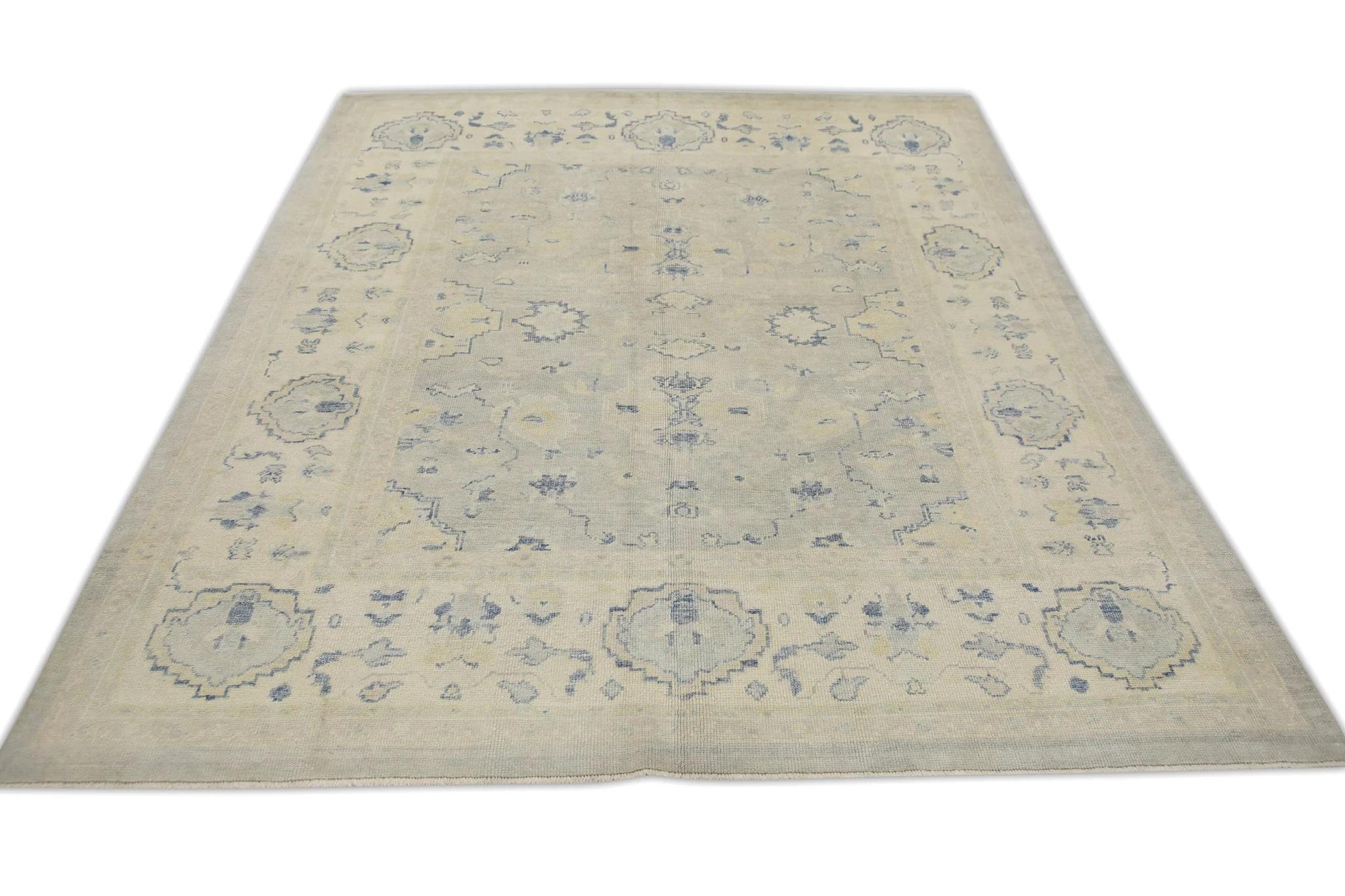 Contemporary Cream Handwoven Wool Turkish Oushak Rug in Blue Floral Design 8'1