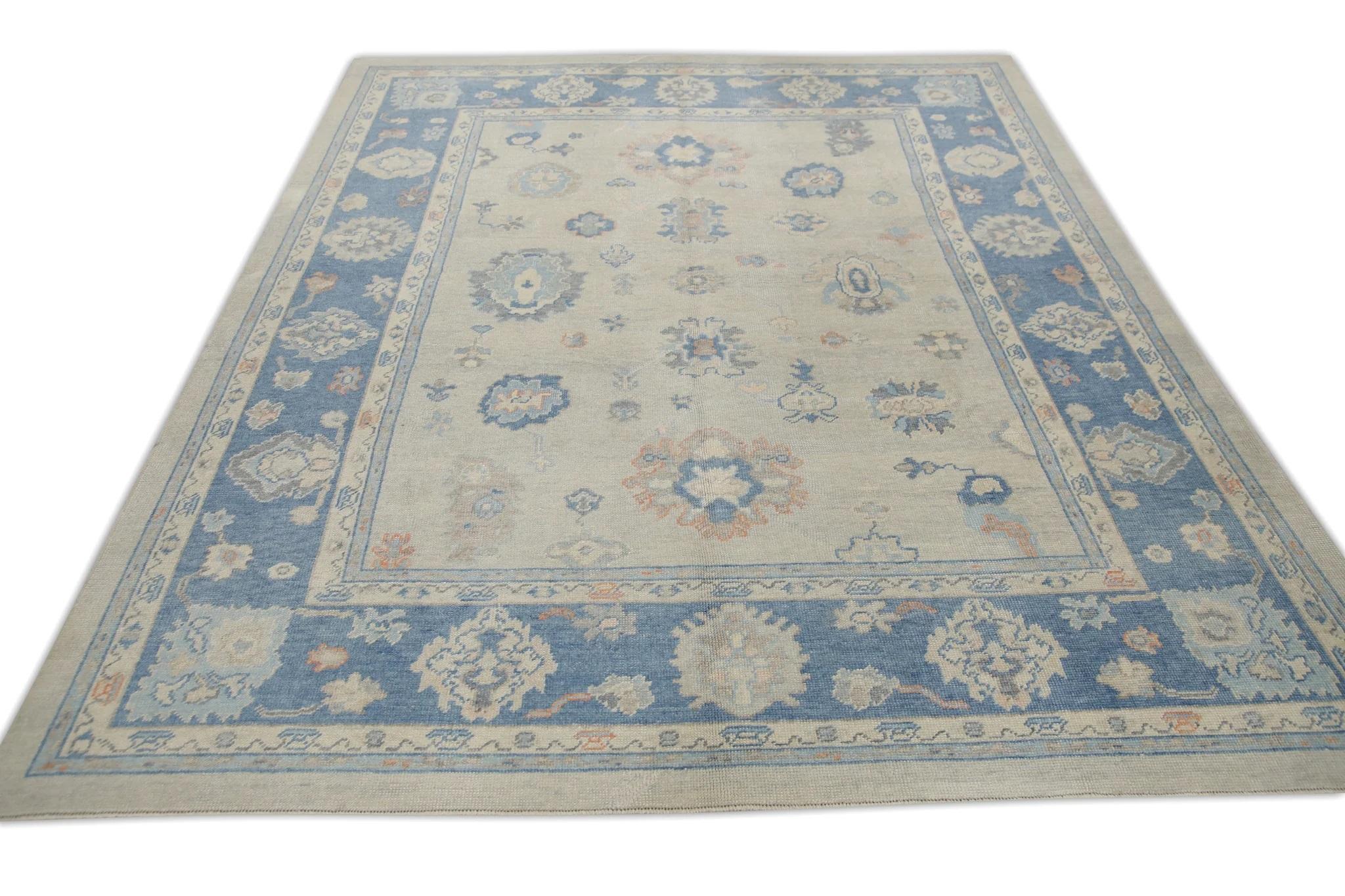 Contemporary Blue Handwoven Wool Floral Turkish Oushak Rug 8'2