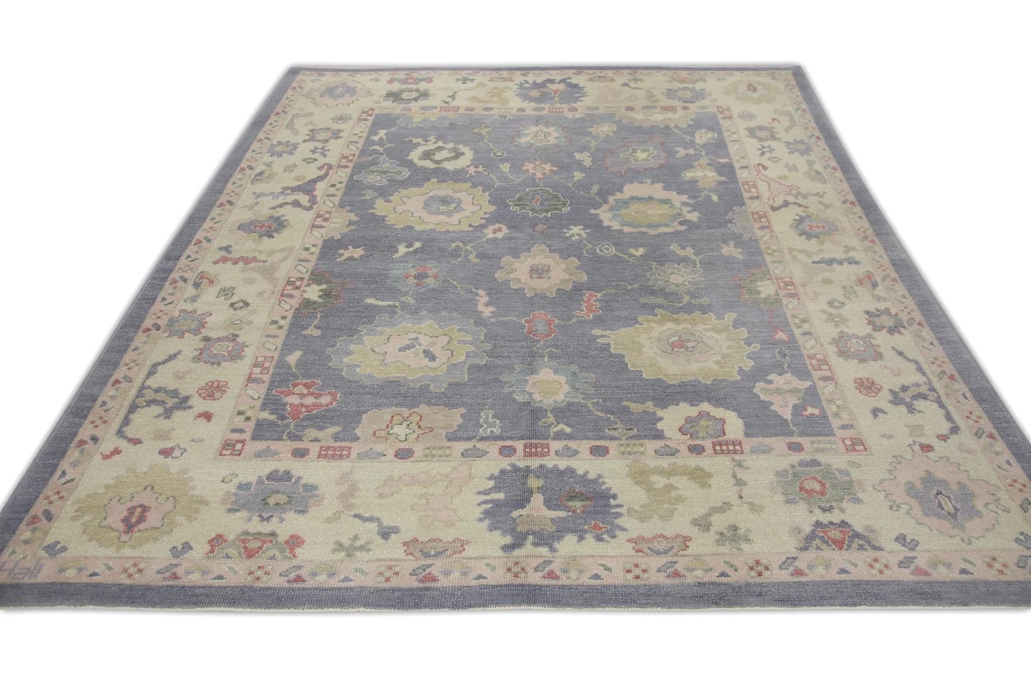 Alfombra turca Oushak de lana tejida a mano con diseño floral rosa y morado 8'5