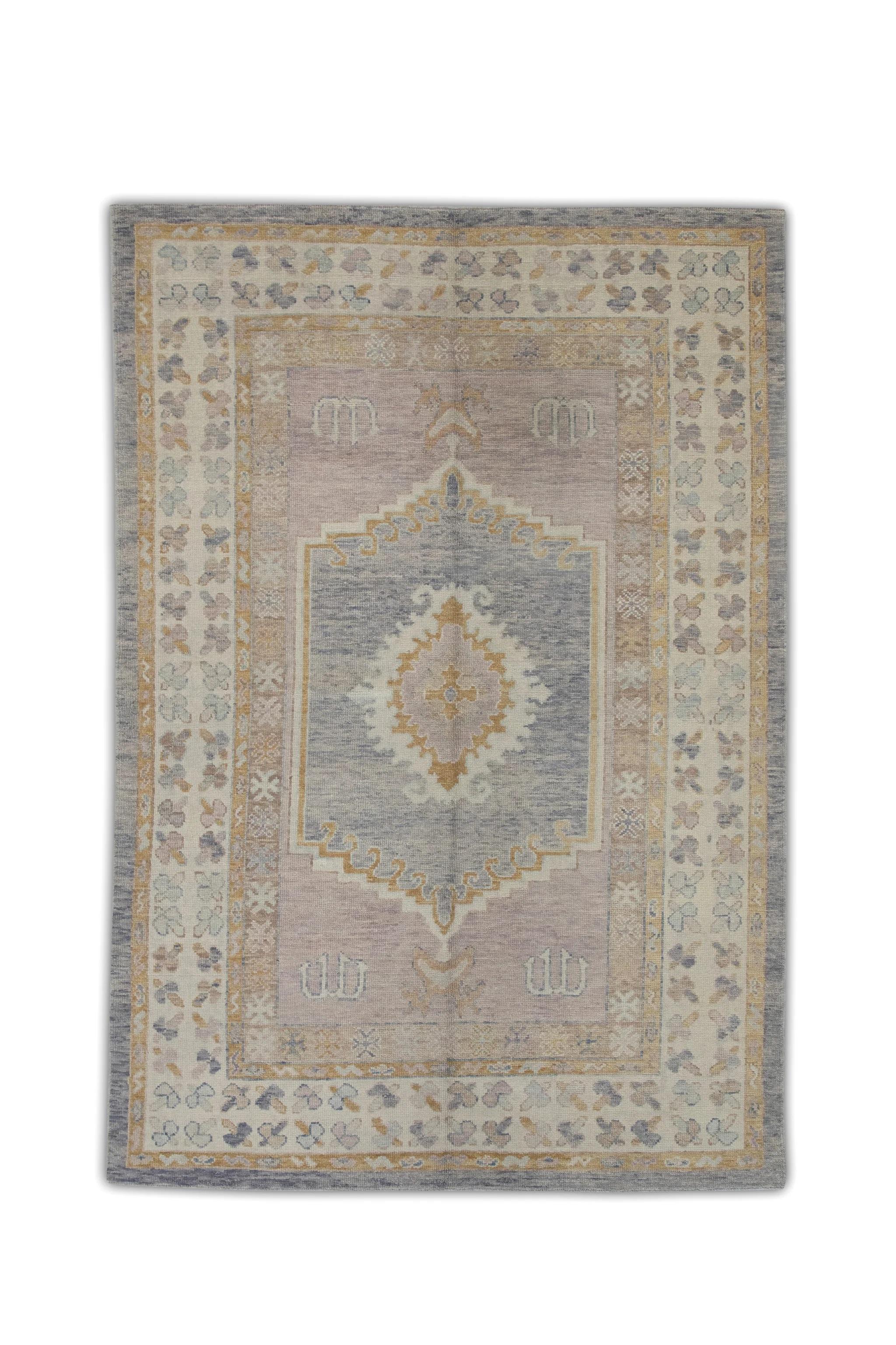 Pink and Purple Medallion Design Handwoven Wool Turkish Oushak Rug 6' x 9'3