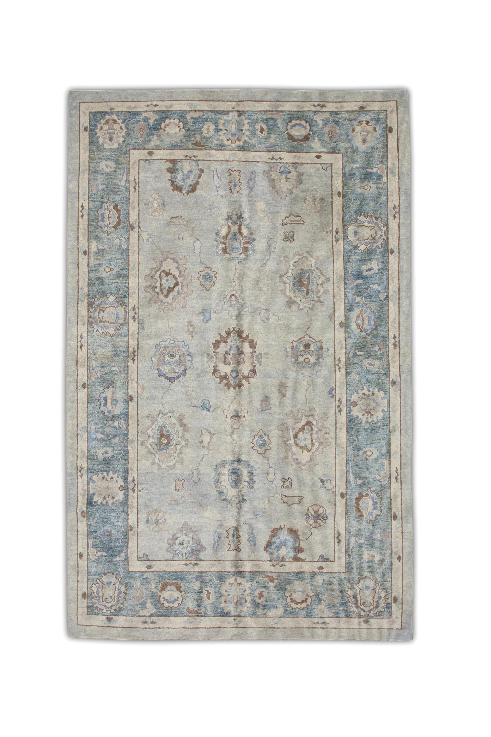 Blue and Brown Handwoven Wool Turkish Oushak Rug in Floral Pattern 6' x 9'1