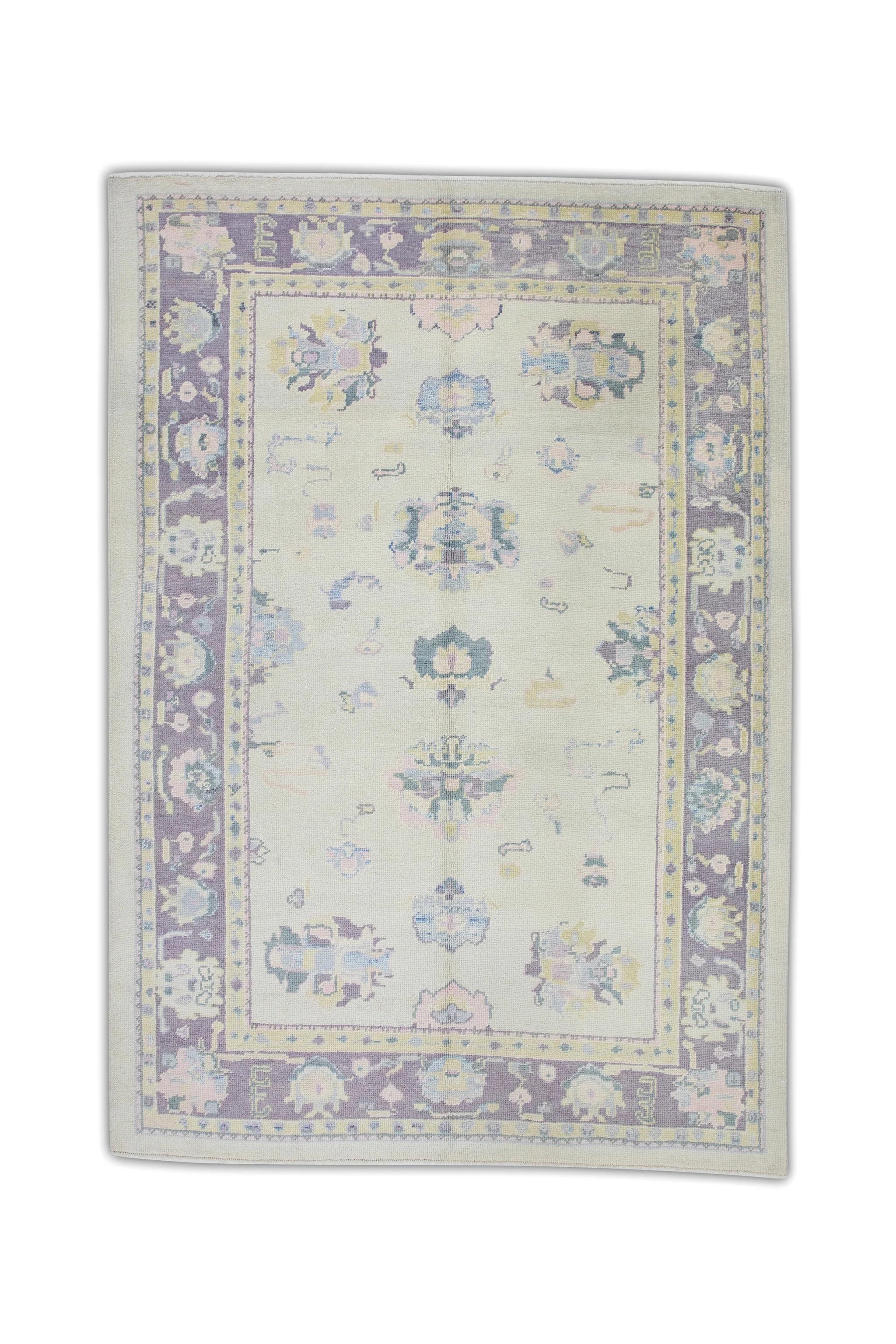 Cream Handwoven Wool Turkish Oushak Rug in Purple Floral Design 6'7