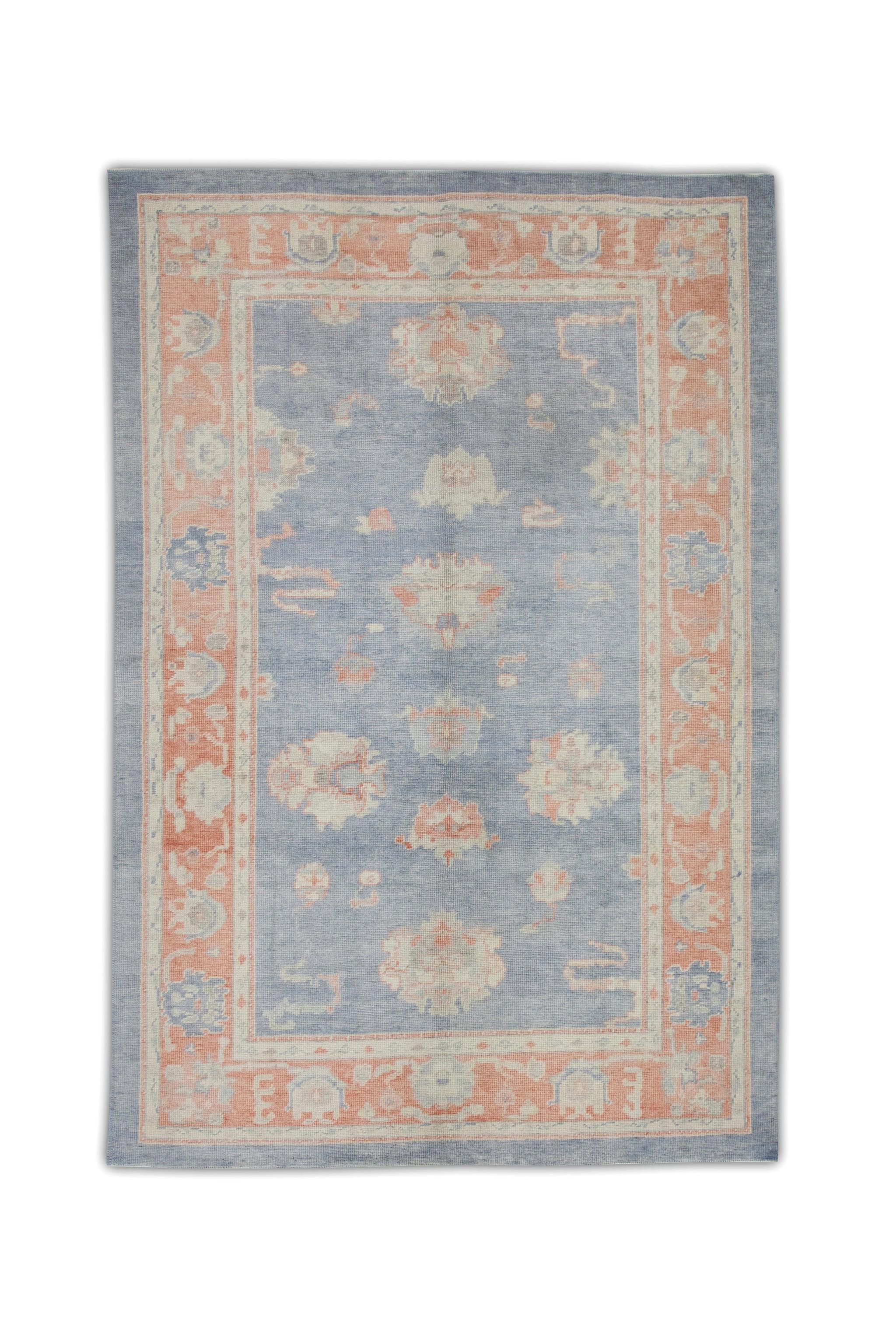 Handwoven Wool Turkish Oushak Rug in Red & Blue Floral Design 6'3