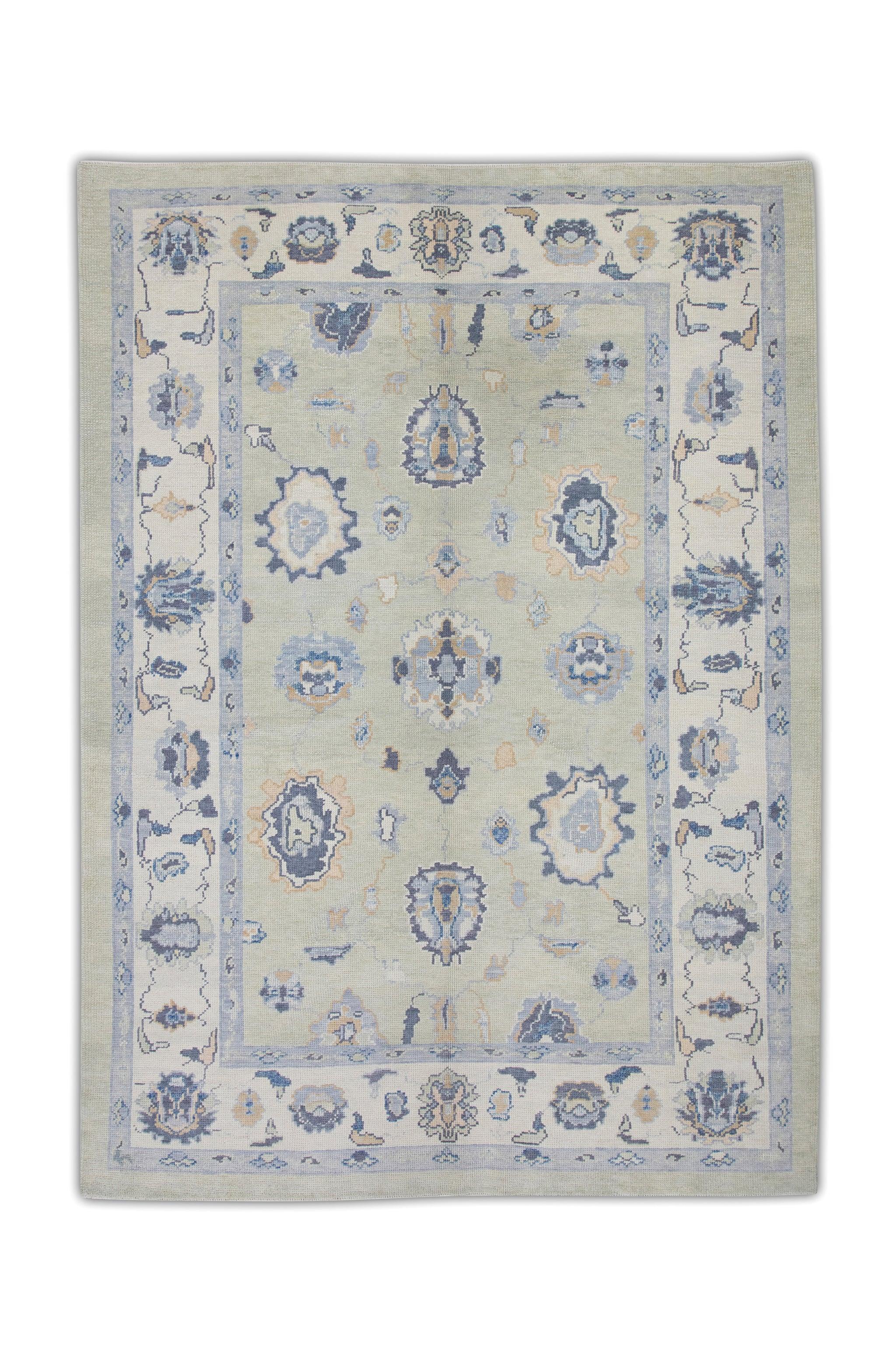 Green and Blue Floral Design Handwoven Wool Turkish Oushak Rug 6'3