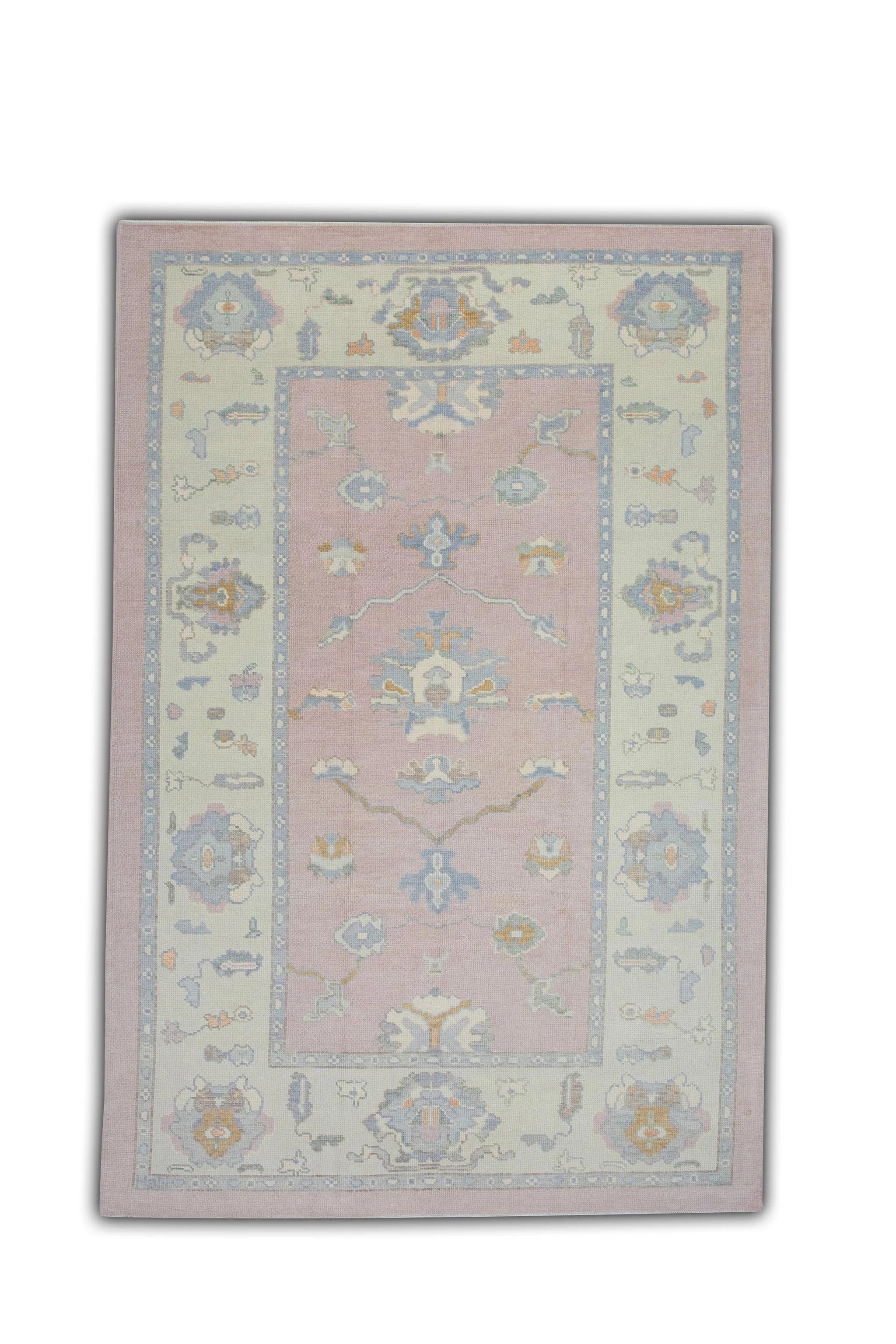 Alfombra turca Oushak de lana tejida a mano con diseño floral rosa y azul 6'5