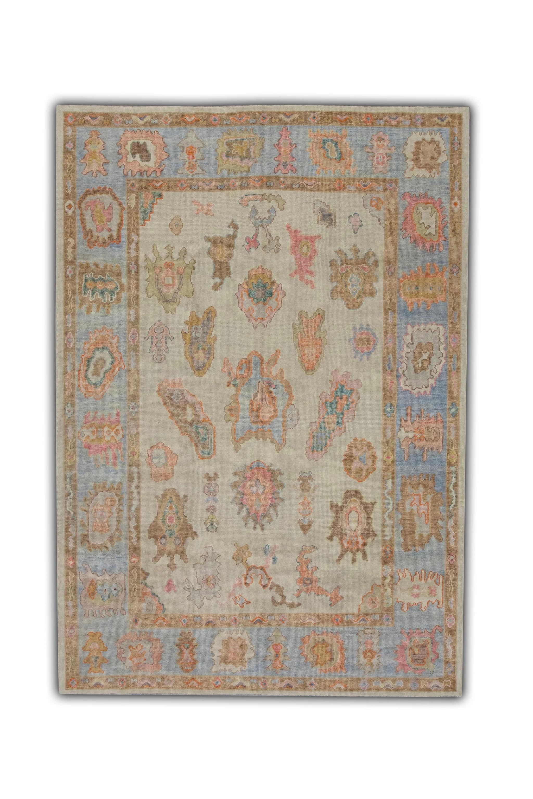 Blue and Pink Floral Design Handwoven Wool Turkish Oushak Rug 6'2