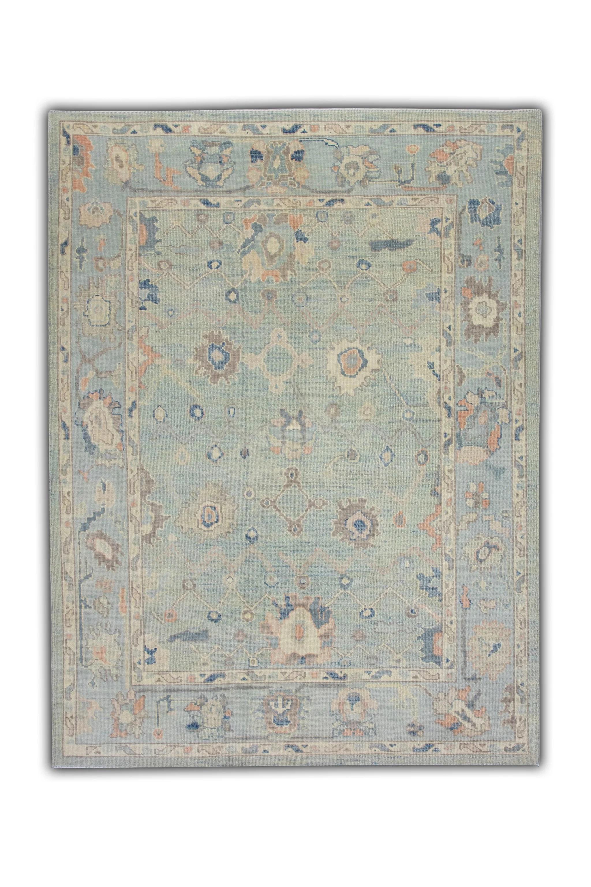 Blue and Salmon Handwoven Wool Turkish Oushak Rug in Floral Design 6'5