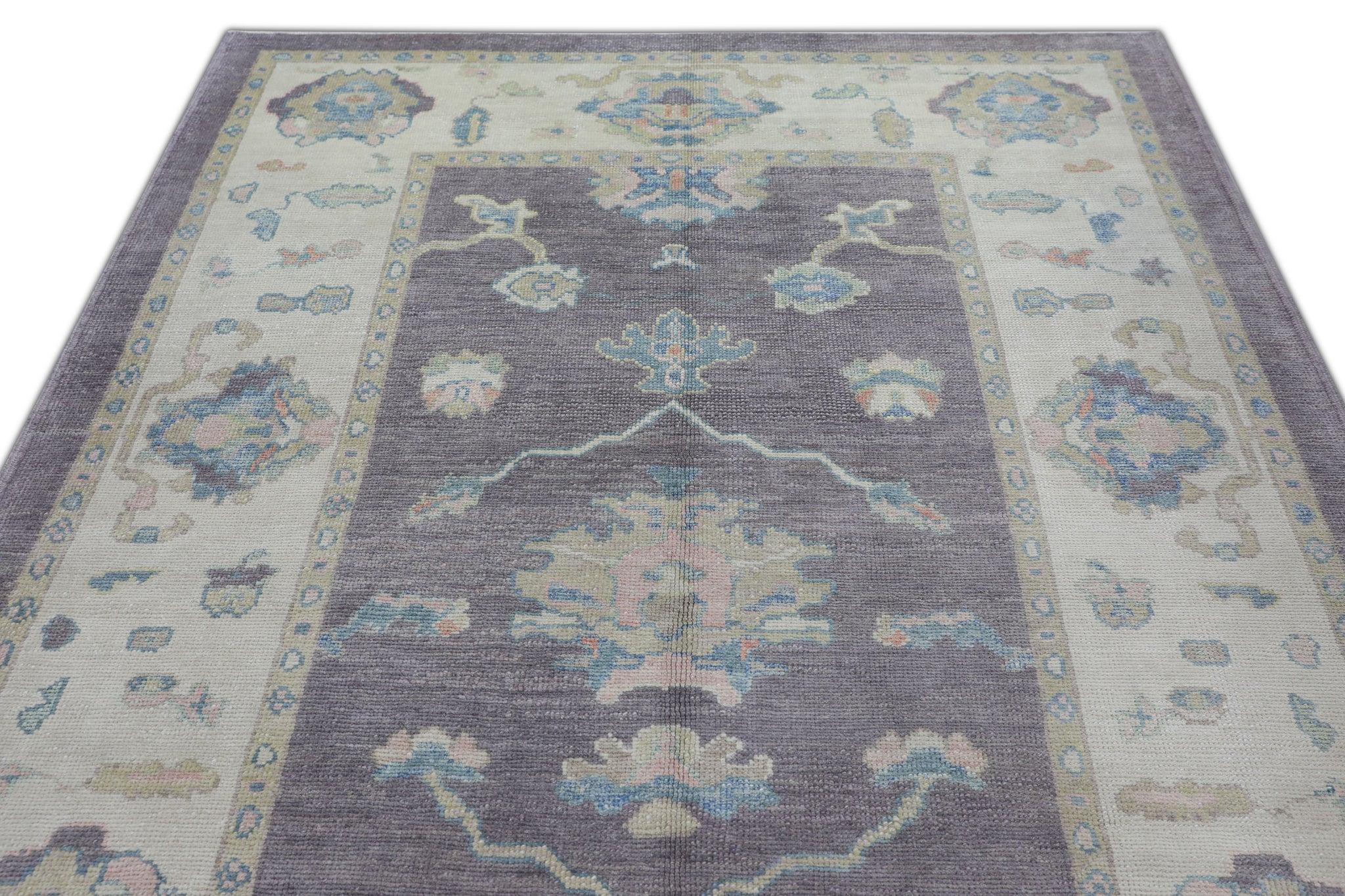 Purple Handwoven Wool Turkish Oushak Rug in Blue Floral Design 6'3