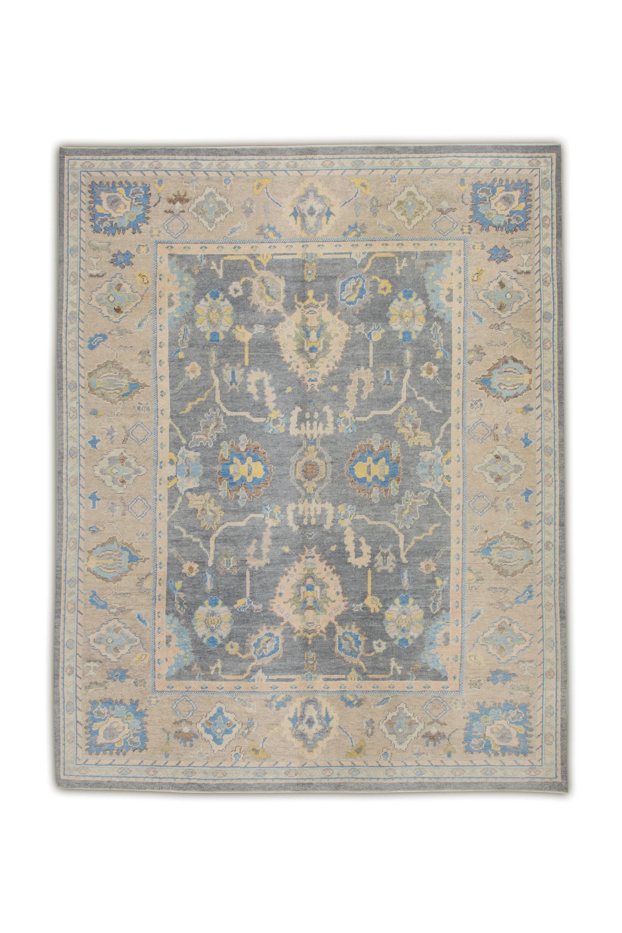 XXIe siècle et contemporain Tapis turc Oushak en laine à motifs floraux tissés à la main en brun et bleu 7'11