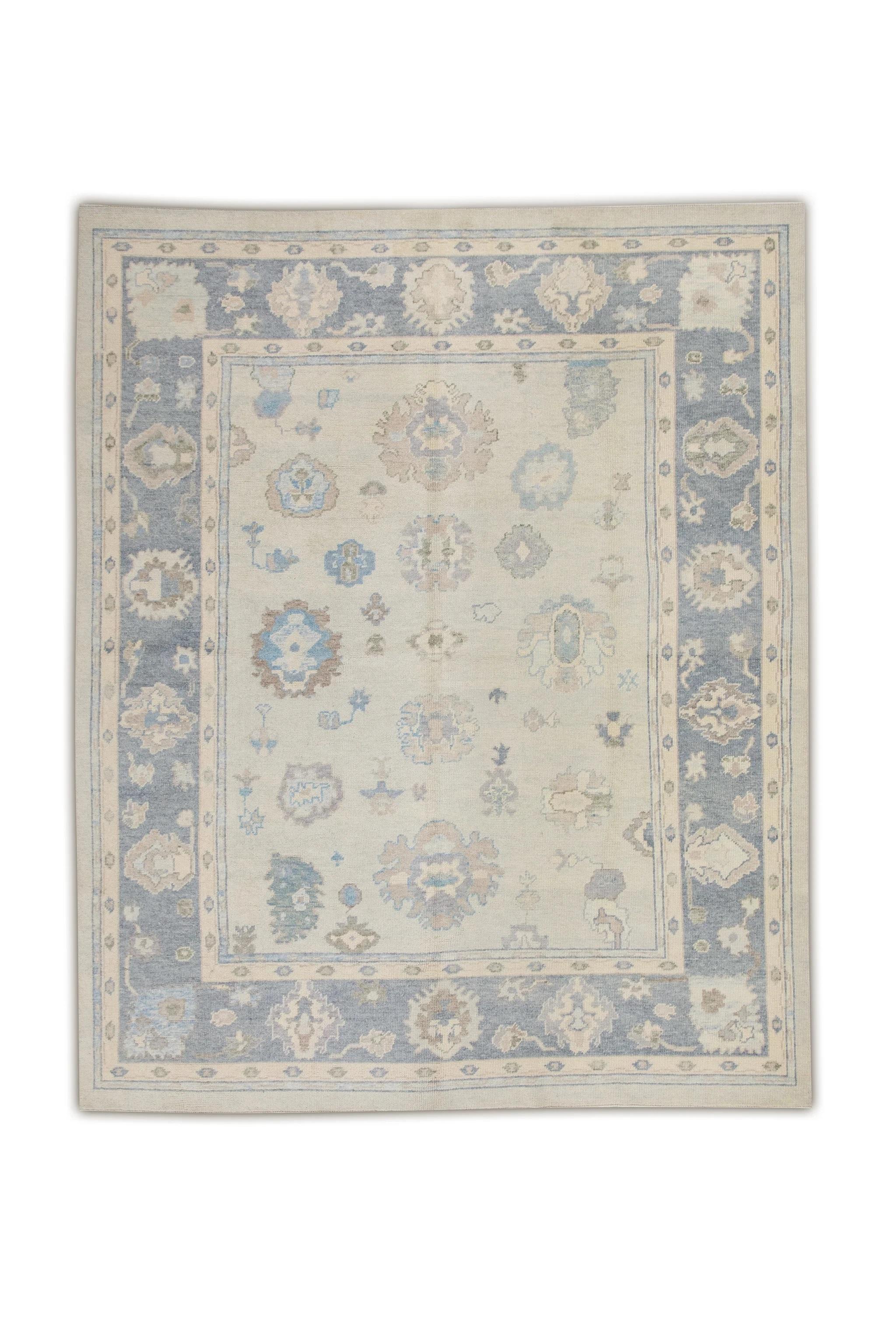 Cream Handwoven Wool Turkish Oushak Rug in Blue Floral Design 8'3