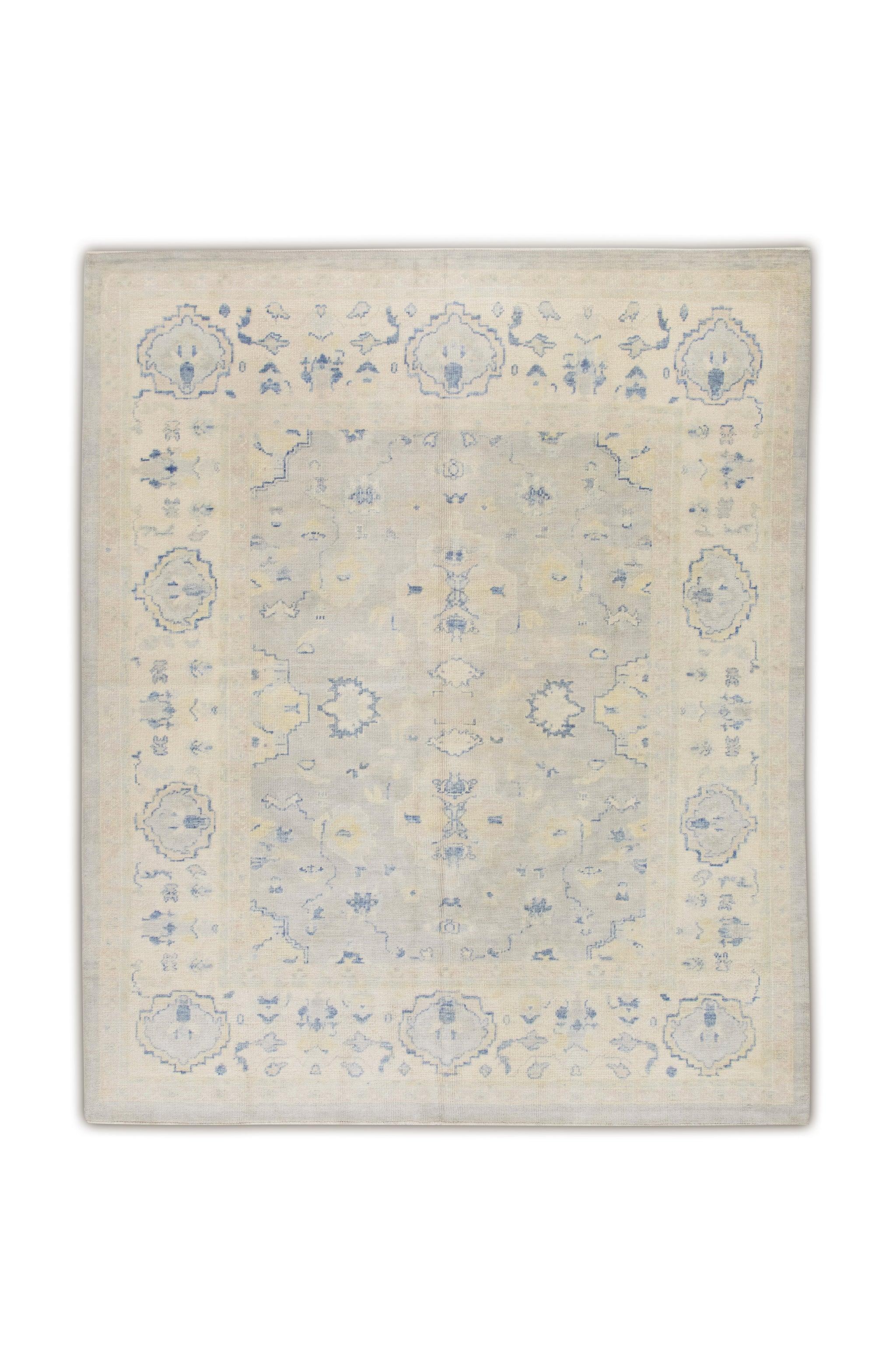 Cream Handwoven Wool Turkish Oushak Rug in Blue Floral Design 8'1