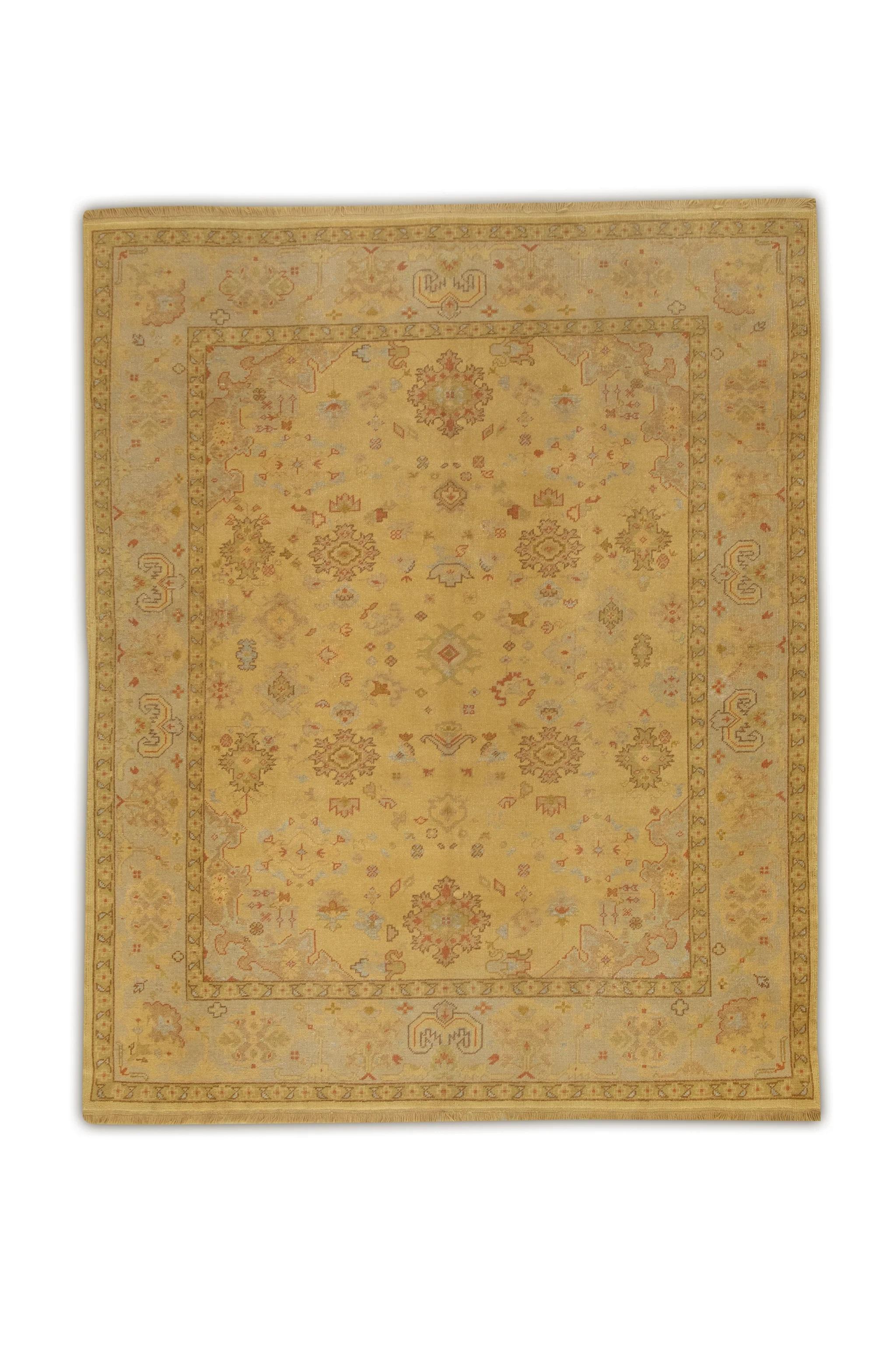 Yellow & Red Floral Design Handwoven Wool Turkish Oushak Rug 8' x 9'6