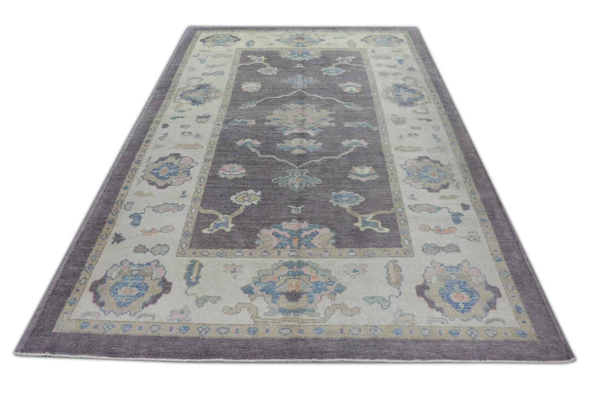 Purple Handwoven Wool Turkish Oushak Rug in Blue Floral Design 6'3