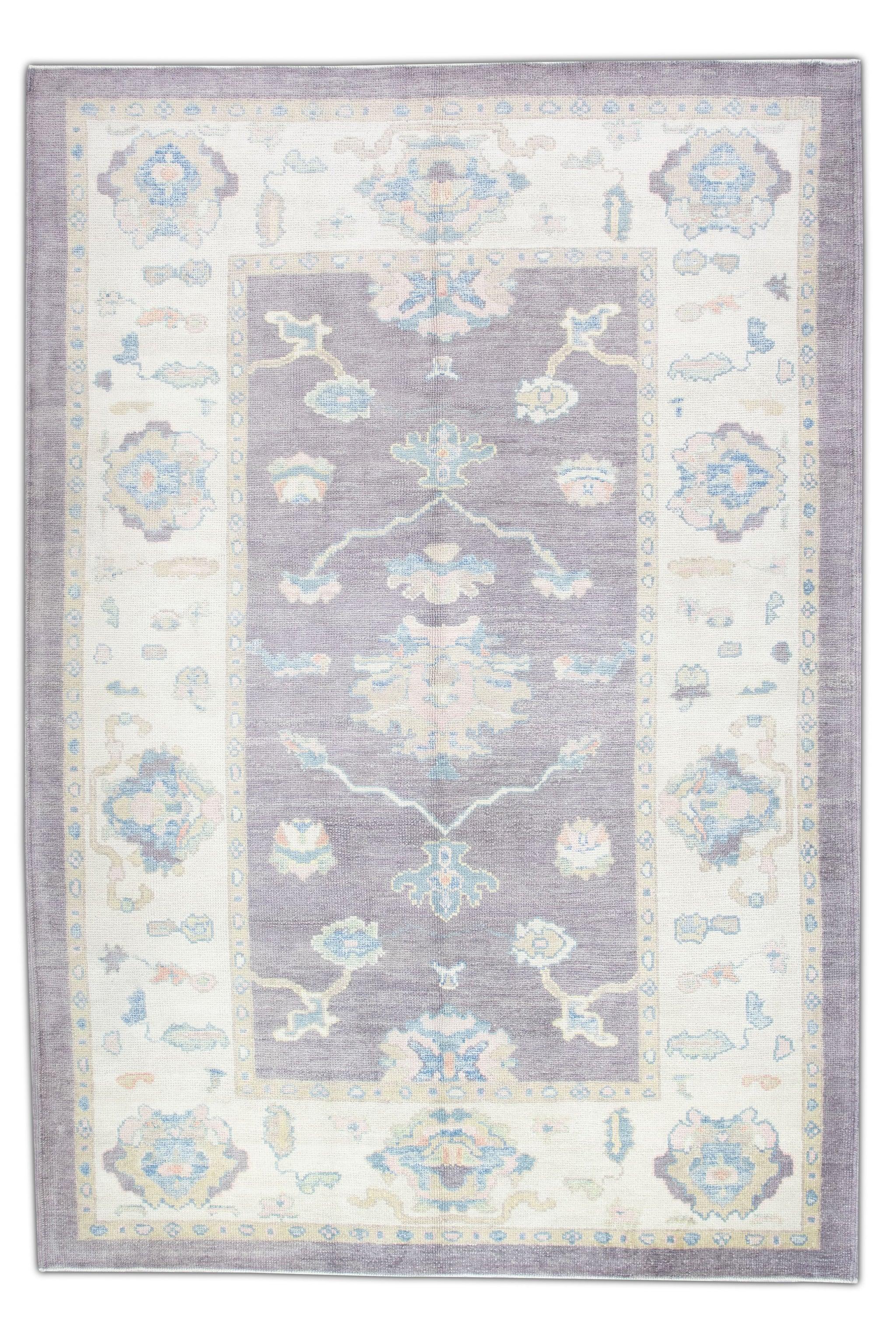 Purple Handwoven Wool Turkish Oushak Rug in Blue Floral Design 6'3