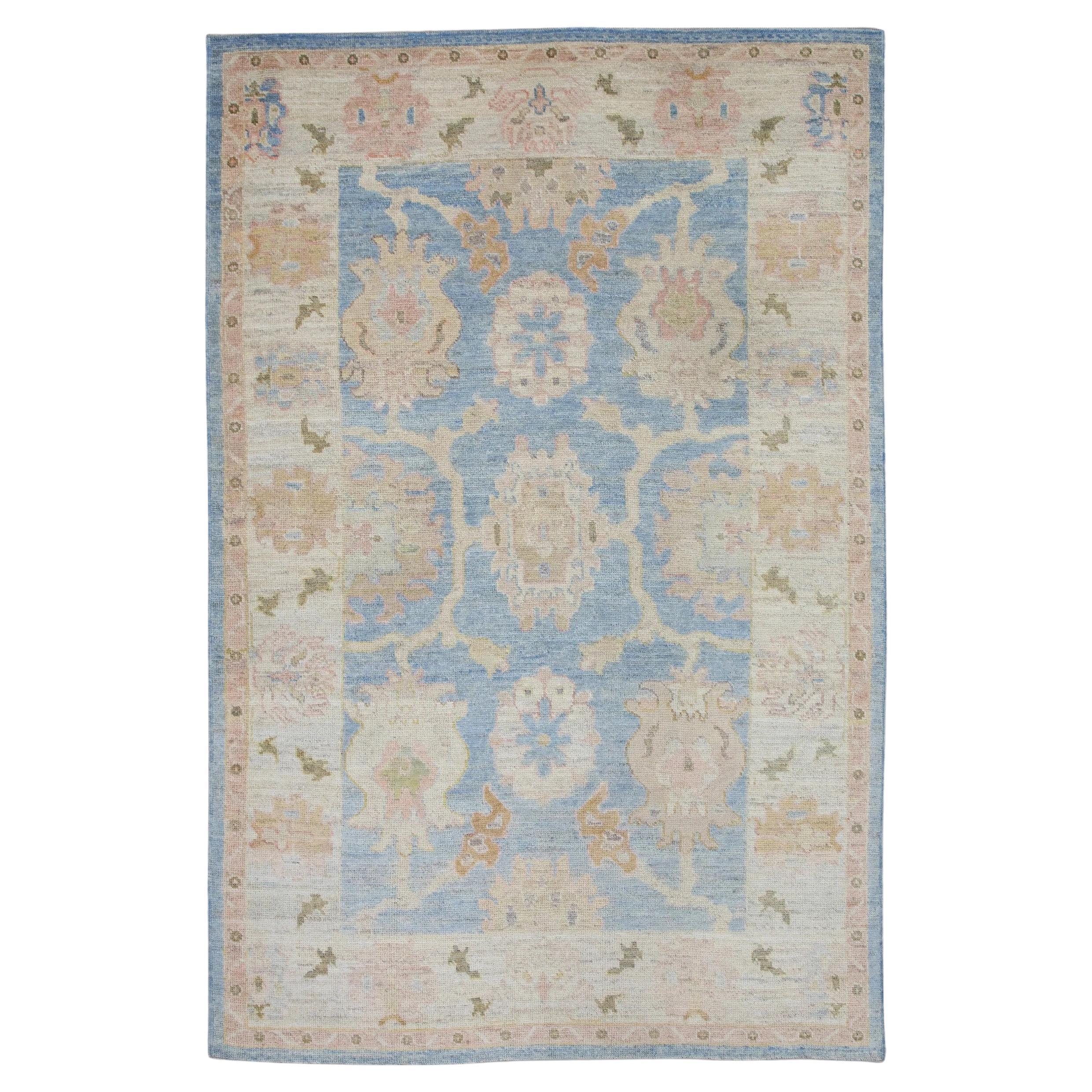 Blue and Pink Floral Design Handwoven Wool Turkish Oushak Rug 6'6" x 9'8"