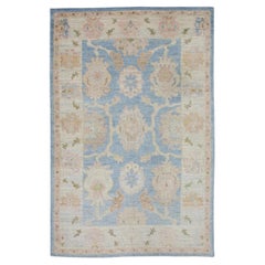 Blue and Pink Floral Design Handwoven Wool Turkish Oushak Rug 6'6" x 9'8"