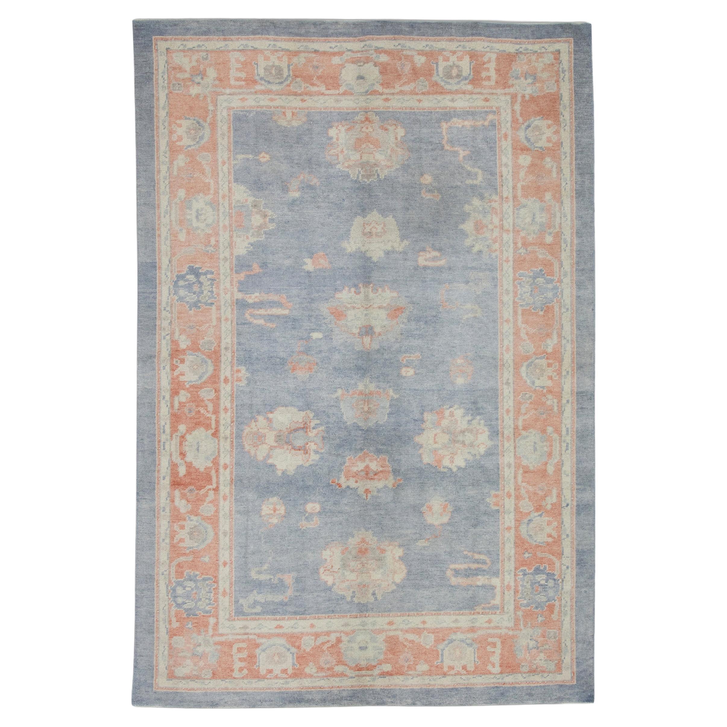 Handwoven Wool Turkish Oushak Rug in Red & Blue Floral Design 6'3" x 9'2"