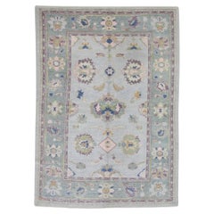 Purple and Blue Floral Design Handwoven Wool Turkish Oushak Rug 6'3" x 8'10"