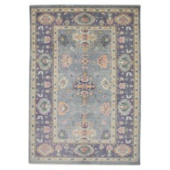 Purple and Pink Floral Design Handwoven Wool Turkish Oushak Rug 6'4" x 9'2"