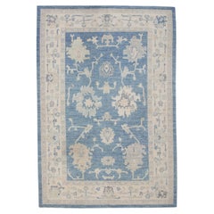 Handwoven Wool Turkish Oushak Rug in Blue Floral Design 6'2" x 9'4"