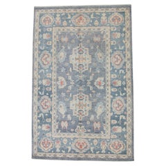Blue and Red Handwoven Wool Turkish Oushak Rug in Floral Design 6' x 9'1"