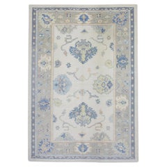 Blue Multicolor Floral Design Handwoven Wool Turkish Oushak Rug 6'2" x 8'10"