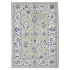 Green and Blue Floral Design Handwoven Wool Turkish Oushak Rug 6'3" x 8'10"