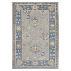 Blue and Purple Floral Handwoven Wool Turkish Oushak Rug 6'4" x 8'11"