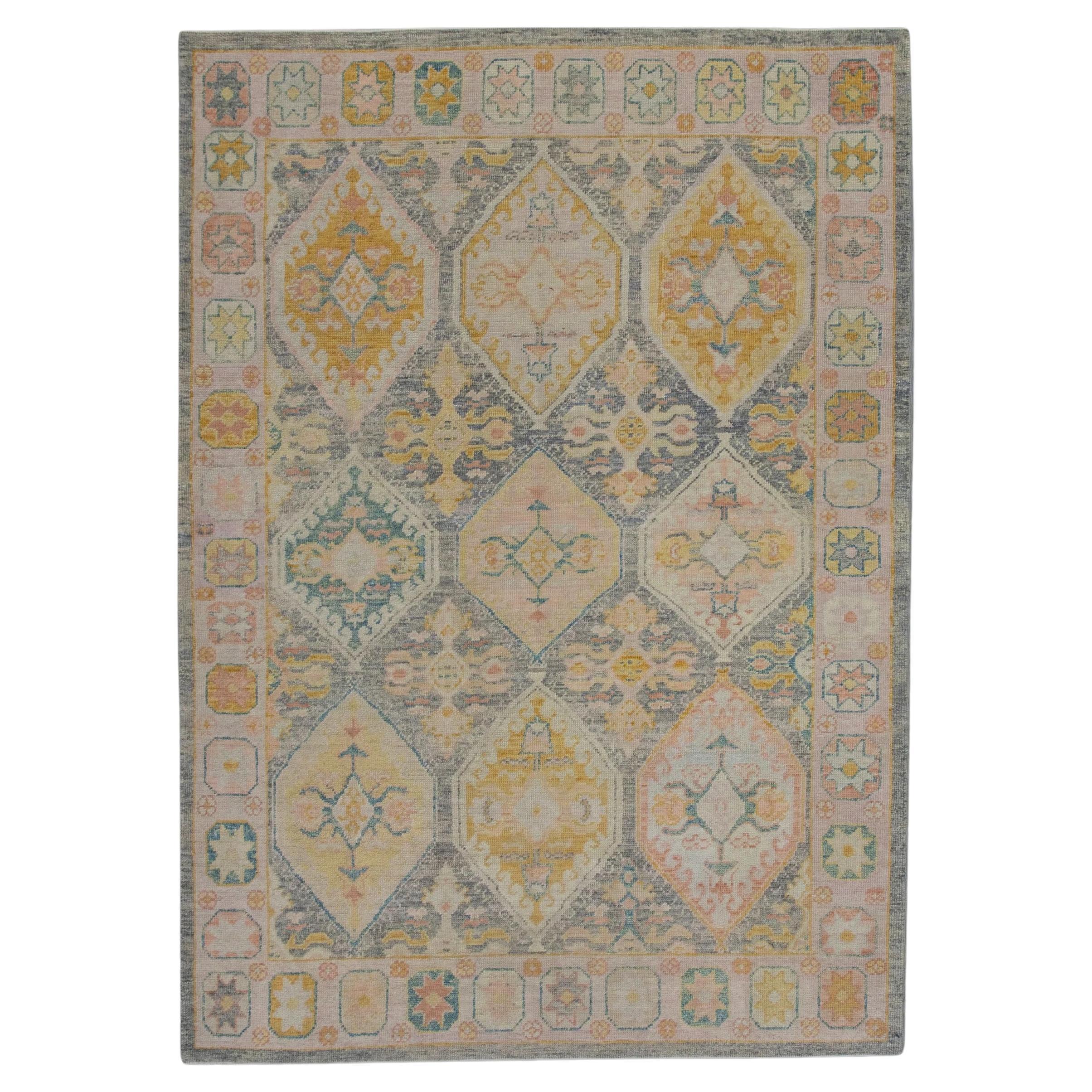 Pink & Purple Medallion Design Handwoven Wool Turkish Oushak Rug 6'3" x 8'10"
