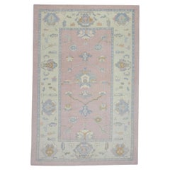 Pink and Blue Handwoven Wool Floral Design Turkish Oushak Rug 6'5" x 9'1"