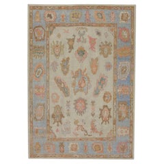 Blue and Pink Floral Design Handwoven Wool Turkish Oushak Rug 6'2" x 8'10"