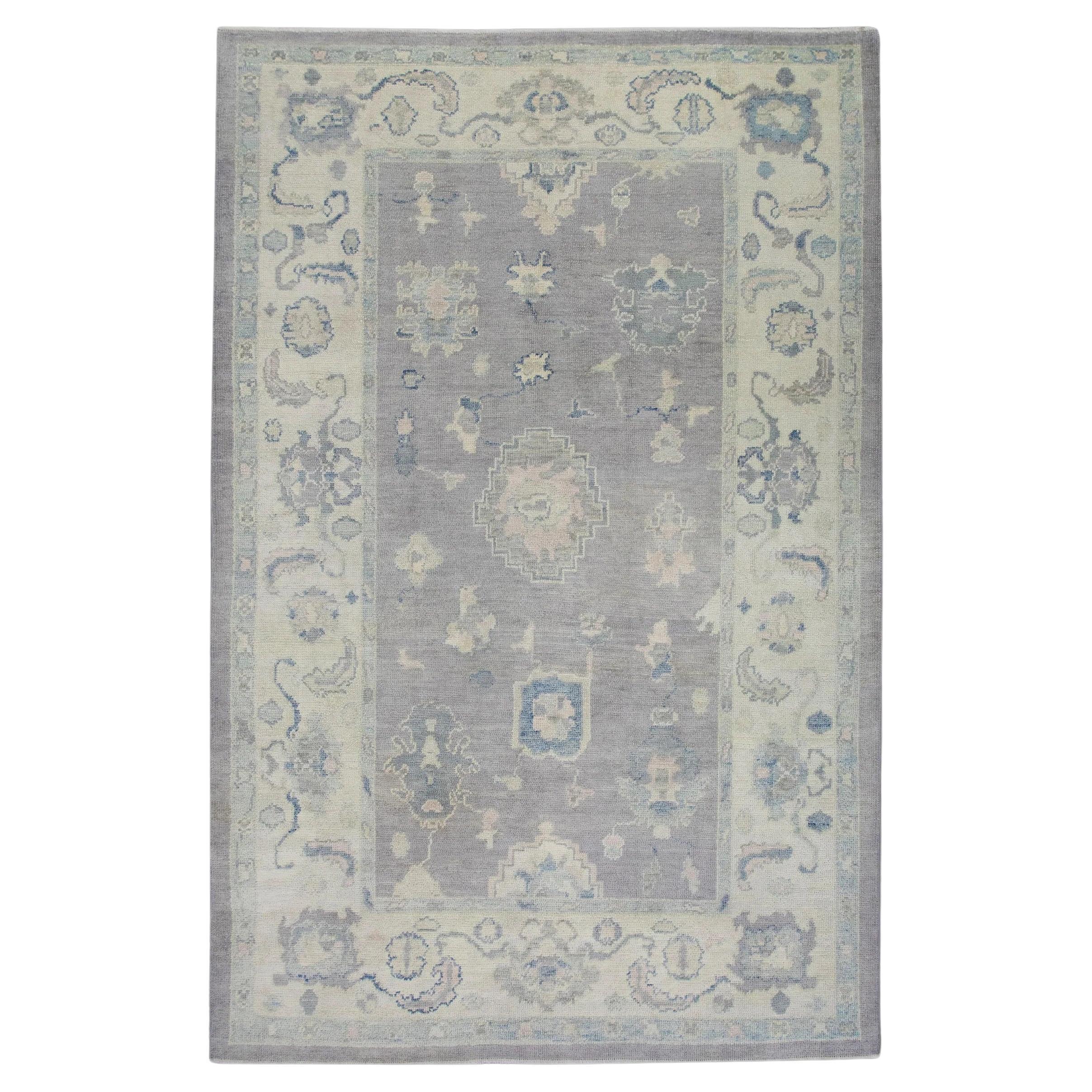 Purple and Blue Handwoven Wool Floral Turkish Oushak Rug 6'5" x 9'6"