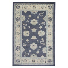 Dark Blue Floral Design Handwoven Wool Turkish Oushak Rug 6' x 9'2"