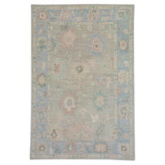 Pink and Blue Handwoven Wool Floral Pattern Turkish Oushak Rug 6
1" x 9
2"