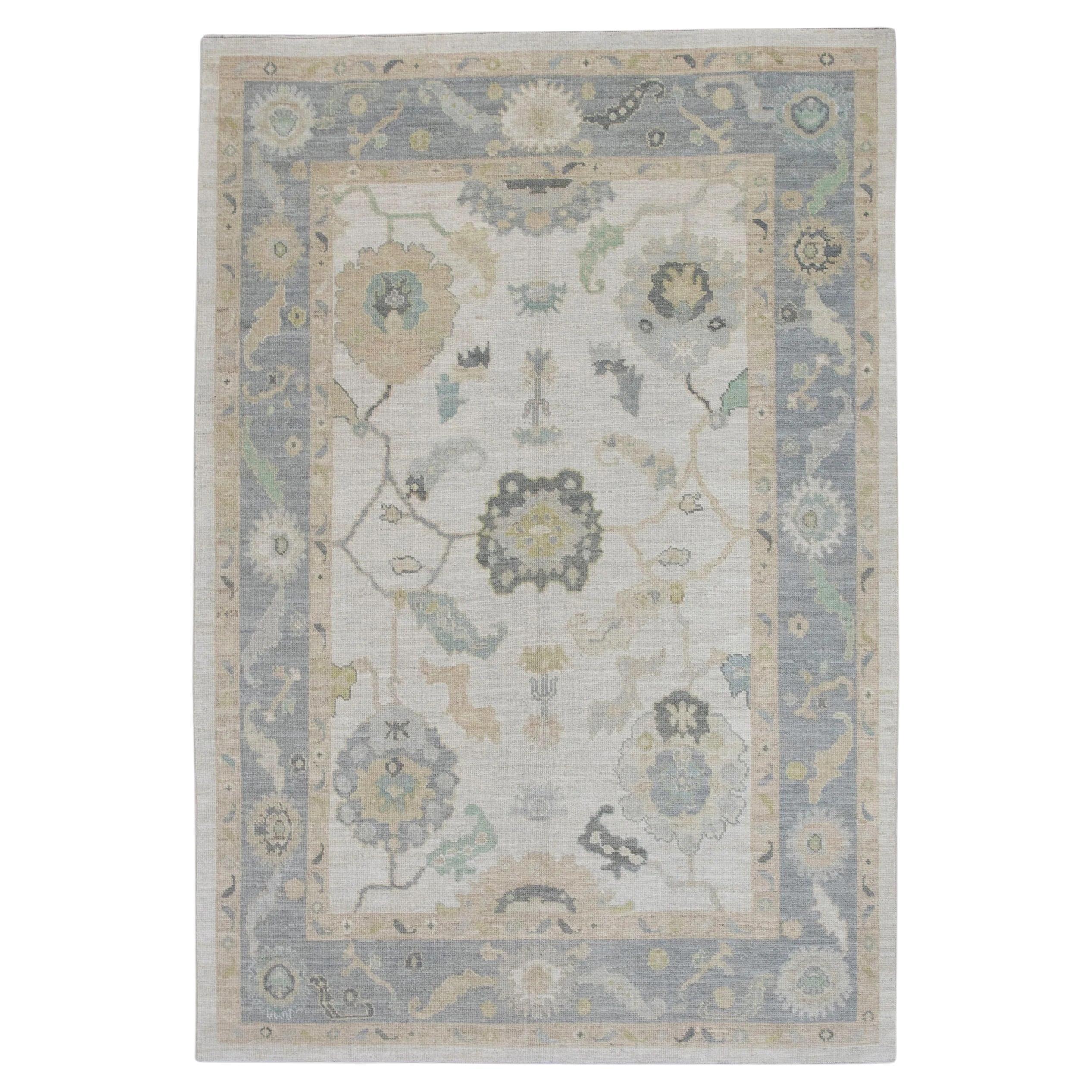Blue Multicolor Handwoven Wool Turkish Oushak Rug in Floral Design 6'1" x 9'3" For Sale