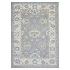 Blue Handwoven Wool Turkish Oushak Rug in Mauve Floral Design 6'6" x 9'1"