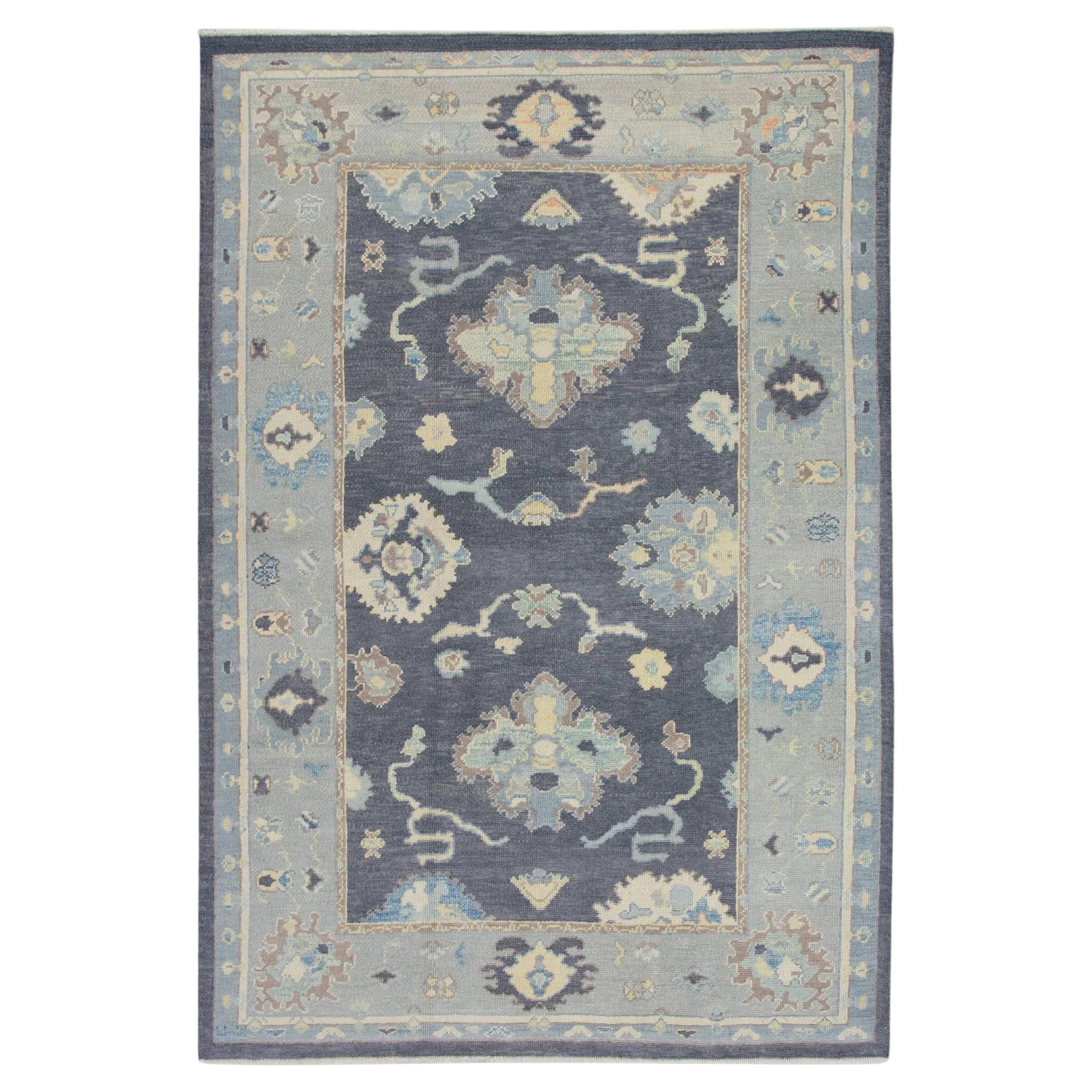 Blue Handwoven Wool Turkish Oushak Rug in Colorful Floral Design 6'3" x 9'